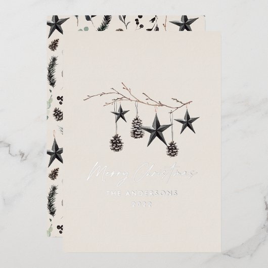 Zwart natuurlijk scandi modern botanisch  folie feestdagenkaart (Voorkant / Achterkant)