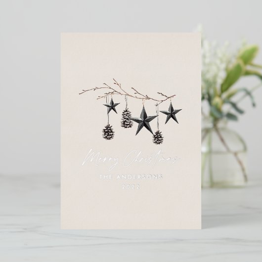 Zwart natuurschandaal modern botanisch folie feestdagenkaart (Staand Voorkant)