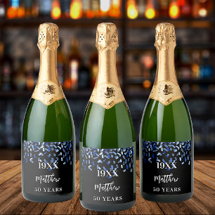 Zwart navy blauw confetti naam jaren verjaardag gu sparkling wijnetiket
