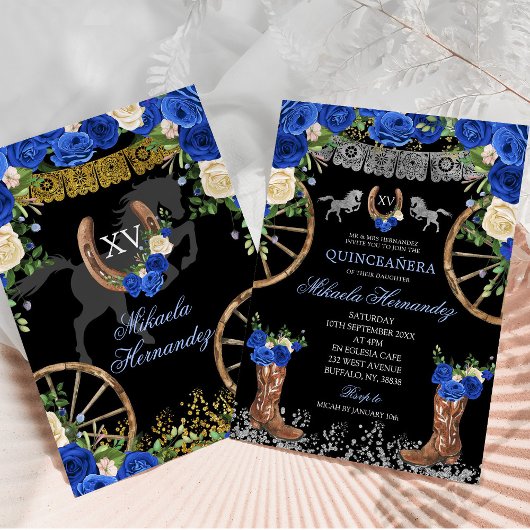 Zwart Navy Blauw en Zilver Charra Quinceañera Kaart