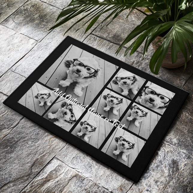 Zwart-negen fotovierkanaals collage - met script w deurmat (Custom Welcome Doormat)