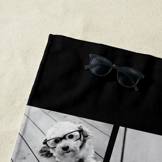 Zwart-negen fotovierkanaals collage - met script w strandlaken (In situ)