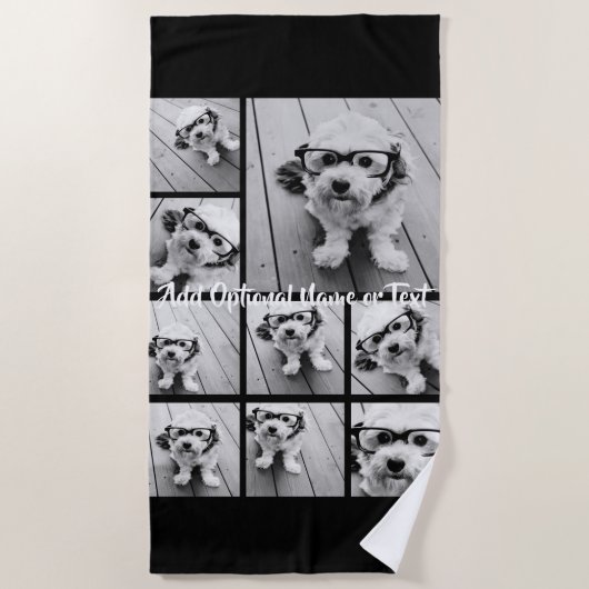 Zwart-negen fotovierkanaals collage - met script w strandlaken (Voorkant)