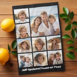 Zwart-negen fotovierkanaals collage - met script w theedoek