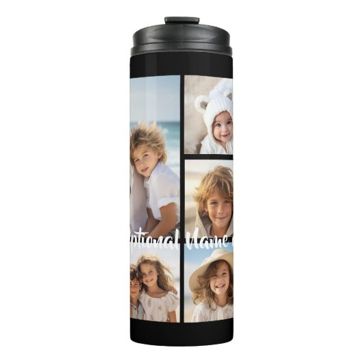 Zwart-negen fotovierkanaals collage - met script w thermosbeker (Voorkant)