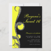 Zwart & Neon Geel Glitter Draai Sweet 16 Feest Kaart (Voorkant)