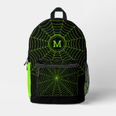 Zwart neon groen spinnenweb Halloween Monogram Bedrukte Rugzak (Voorkant)