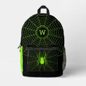 Zwart neon groen spinnenweb Halloween Monogram Bedrukte Rugzak (Voorkant)