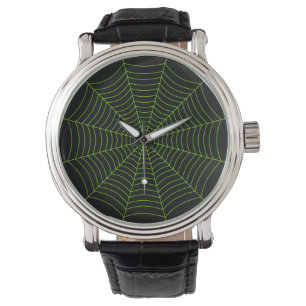 Zwart neon groen spinnenweb Halloween patroon Horloge