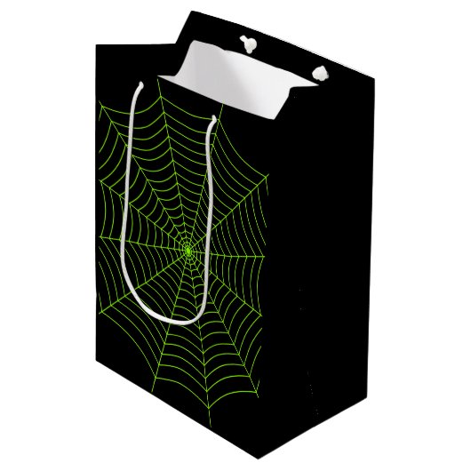 Zwart neon groen spinnenweb Halloween patroon Medium Cadeauzakje (Voorkant Gekanteld)