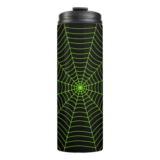 Zwart neon groen spinnenweb Halloween patroon Thermosbeker (Voorkant)