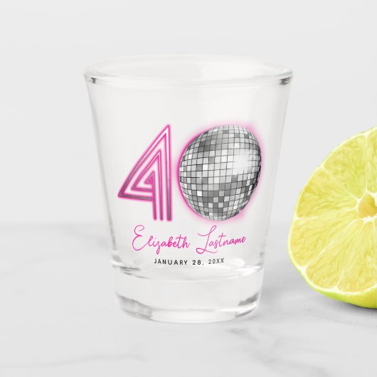 Zwart Neon Roze Disco Ball Veertig 40e Verjaardag Shot Glas (Voorkant)