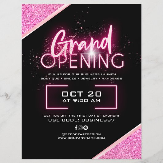 Zwart Neon Roze Glitterij Zakelijk Grote Openingsa Flyer (Voorkant)