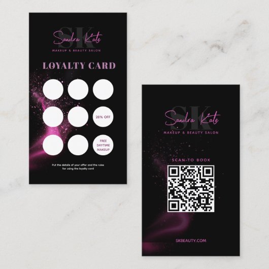 Zwart Neon Roze Schoonheidssalon QR Code Loyalitei Visitekaartje (Voorkant / Achterkant)