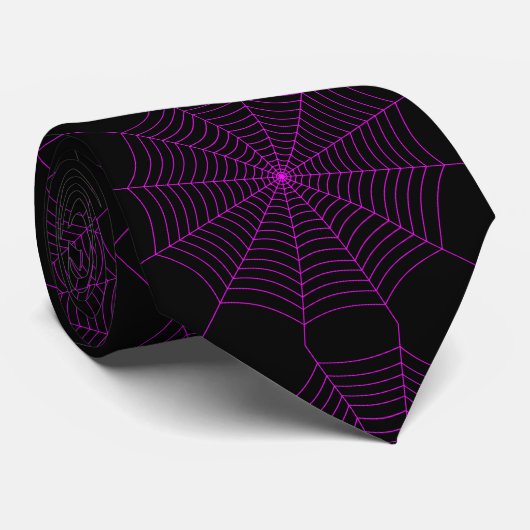 Zwart neon roze spinnenweb Halloween patroon Stropdas (Opgerold)