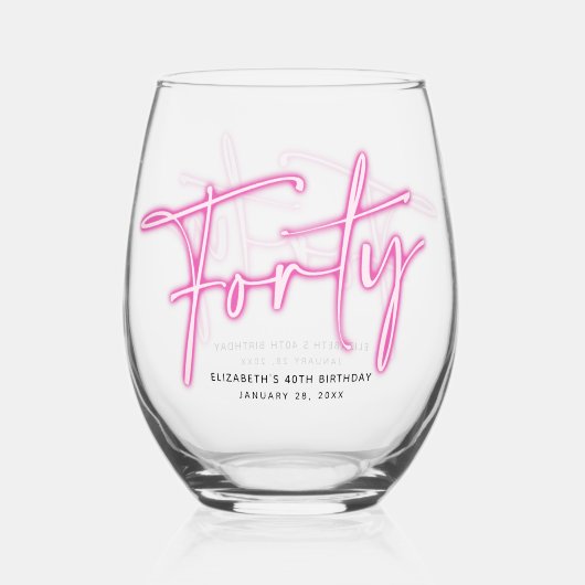 Zwart Neon Roze Veertig 40e Verjaardag Wijnglas Zonder Voet (Achterkant)