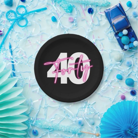 Zwart Neon Roze Veertig 40e Verjaardagspapier Bord (Feest)