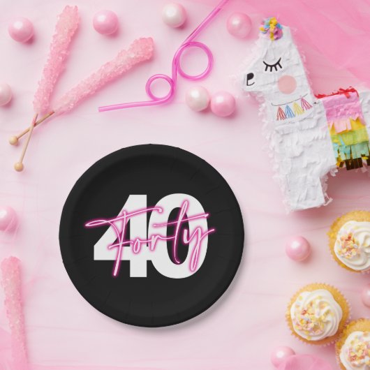 Zwart Neon Roze Veertig 40e Verjaardagspapier Bord (Feest)