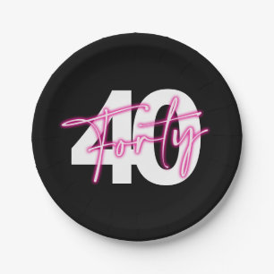Zwart Neon Roze Veertig 40e Verjaardagspapier Bord