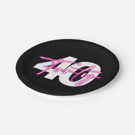 Zwart Neon Roze Veertig 40e Verjaardagspapier Bord (Gekanteld)