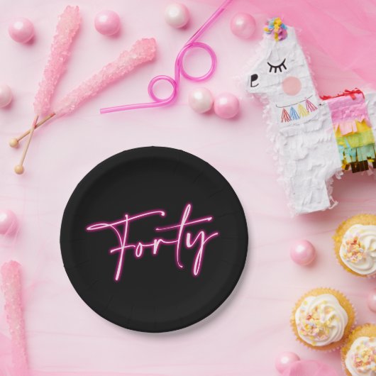 Zwart Neon Roze Veertig 40e Verjaardagspapier Bord (Feest)
