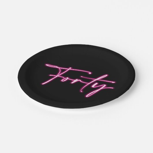 Zwart Neon Roze Veertig 40e Verjaardagspapier Bord (Gekanteld)