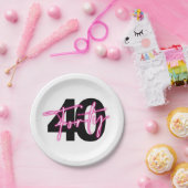 Zwart Neon Roze Veertig 40e Verjaardagspapier Bord (Feest)