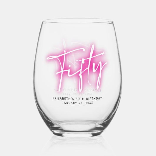 Zwart Neon Roze Veertig 50ste Verjaardag Wijnglas Zonder Voet (Achterkant)
