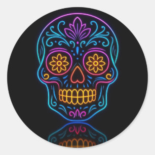 Zwart, neon suiker schedel/dag van de doden welkom ronde sticker