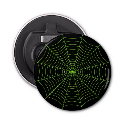 Zwart neongroen spinweb Halloween patroon Button Flesopener (Voorkant)
