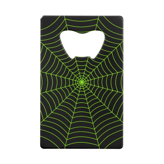 Zwart neongroen spinweb Halloween patroon Creditkaart Flessenopener (Voorkant)