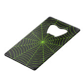 Zwart neongroen spinweb Halloween patroon Creditkaart Flessenopener (Voorkant Gekanteld)
