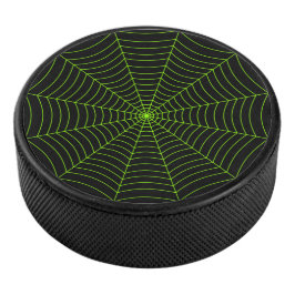 Zwart neongroen spinweb Halloween patroon Hockey Puck