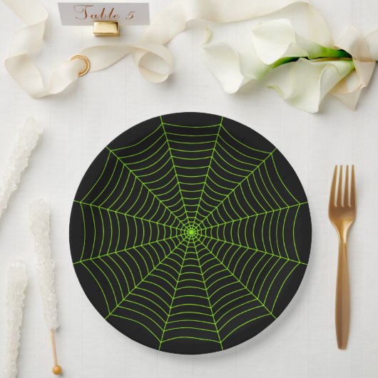 Zwart neongroen spinweb Halloween patroon Papieren Bordje (Huwelijk)