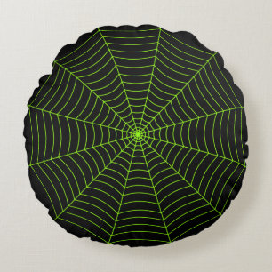 Zwart neongroen spinweb Halloween patroon Rond Kussen