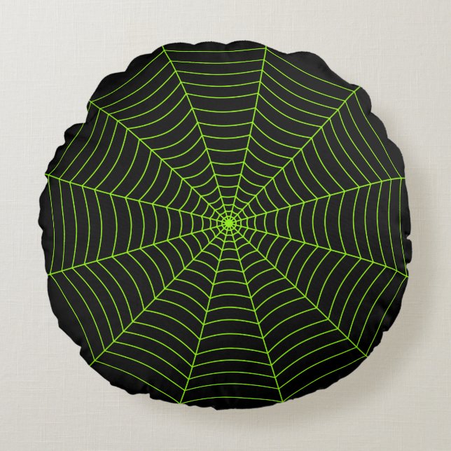 Zwart neongroen spinweb Halloween patroon Rond Kussen (Voorkant)