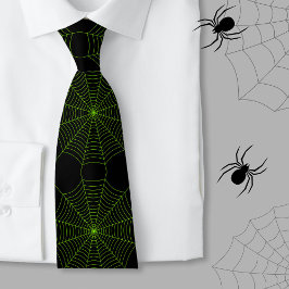 Zwart neongroen spinweb Halloween patroon Stropdas