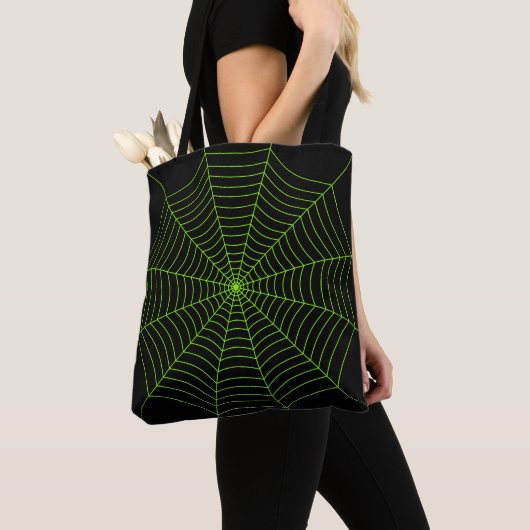 Zwart neongroen spinweb Halloween patroon Tote Bag (Dichtbij)