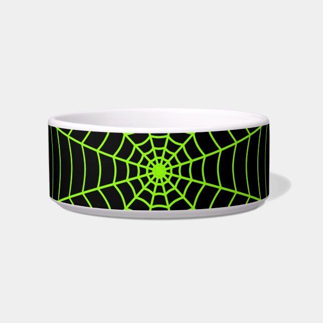Zwart neongroen spinweb Halloween patroon Voerbakje (Voorkant)