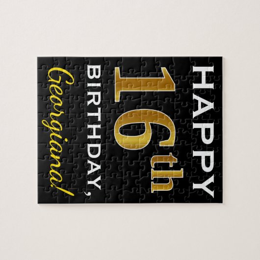 Zwart, Nep Goud 16e Verjaardag + Aangepaste Naam Legpuzzel (Horizontaal)