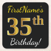 Zwart, Nep Goud 35e Verjaardag + Aangepaste Naam Kartonnen Onderzetters (Voorkant)