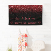 Zwart & Nep-rood Glitter Sweet 16 Spandoek (Insitu)