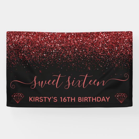 Zwart & Nep-rood Glitter Sweet 16 Spandoek (Horizontaal)