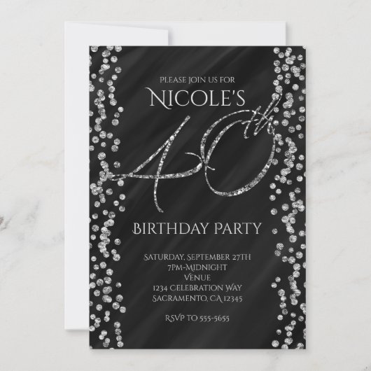 Zwart & Nep Zilver Glitter Glam 40 40ste Verjaarda Kaart (Voorkant)