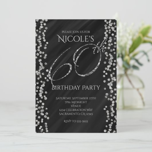 Zwart & Nep Zilver Glitter Glam 60 60ste Verjaarda Kaart (Staand voorkant)