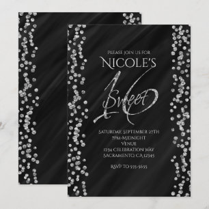 Zwart & Nep Zilver Glitter Glam SWEET 16 Zestien Kaart