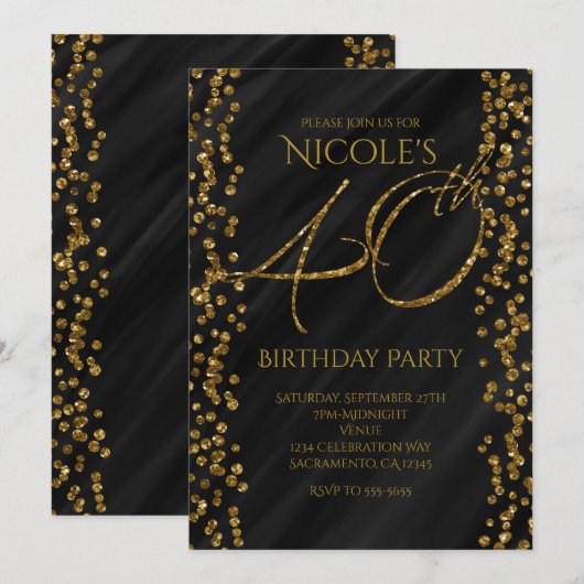 Zwart & Nepgoud Glitter Glam 40 40e Verjaardag Kaart (Voorkant / Achterkant)