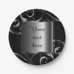 Zwart & nepsilver glazen bloemige swirl elegant papieren bordje