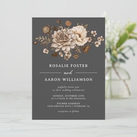 Zwart & Neutraal Bloemen | Dark Moody Boho Bruilof Kaart (Staand voorkant)