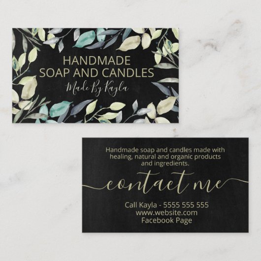 Zwart neutraal groen handgemaakte zeep en kaarsen visitekaartje (Voorkant / Achterkant)